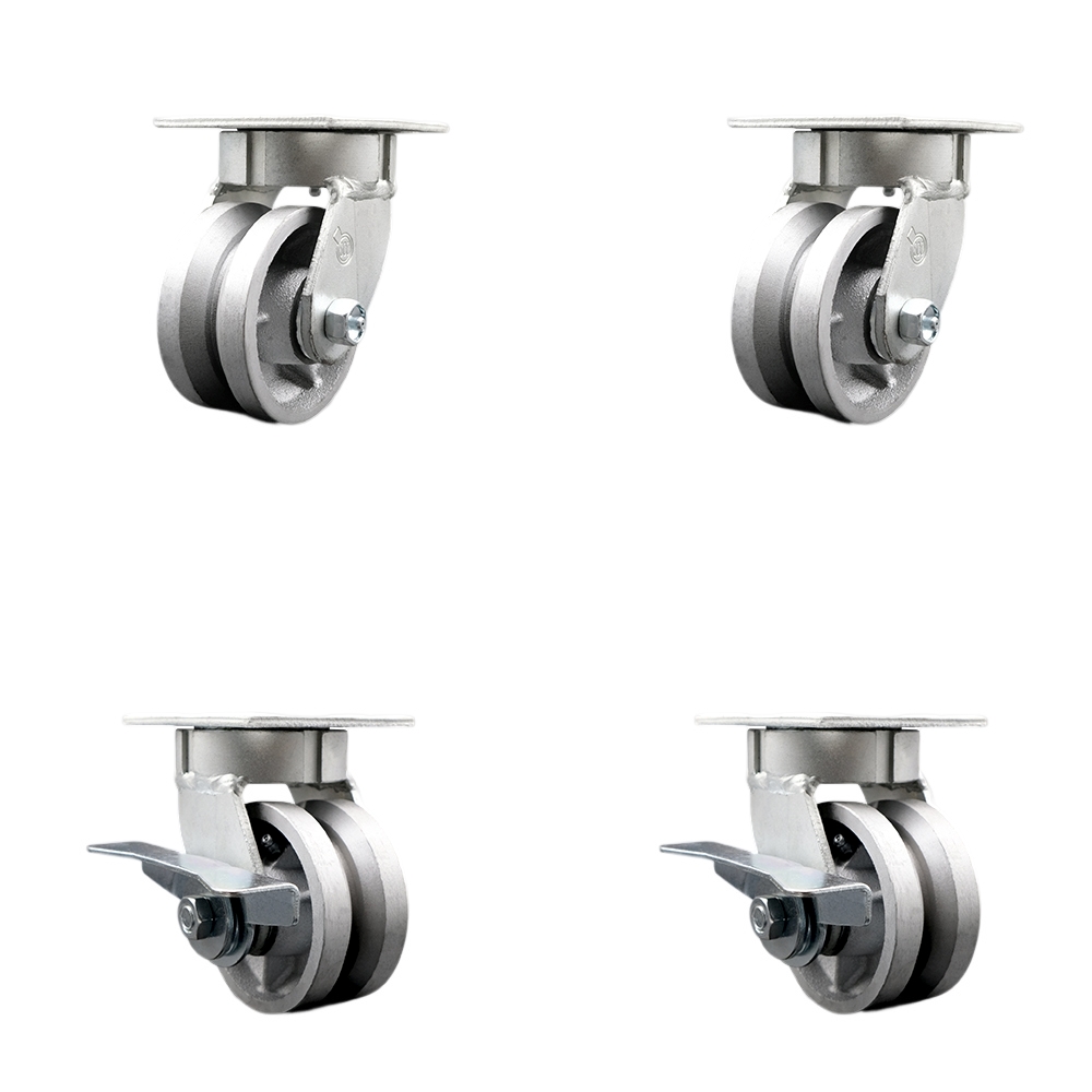 Heavy Duty Kingpinless Swivel Caster Set of 4 with 4 Inch V-Groove Semi Steel Cast Iron Wheels and Bronze Bearings-Includes 2 Swivel with Brake & 2 Swivel-3,200lbs. Total Capacity-Service Caster Brand — photo 1