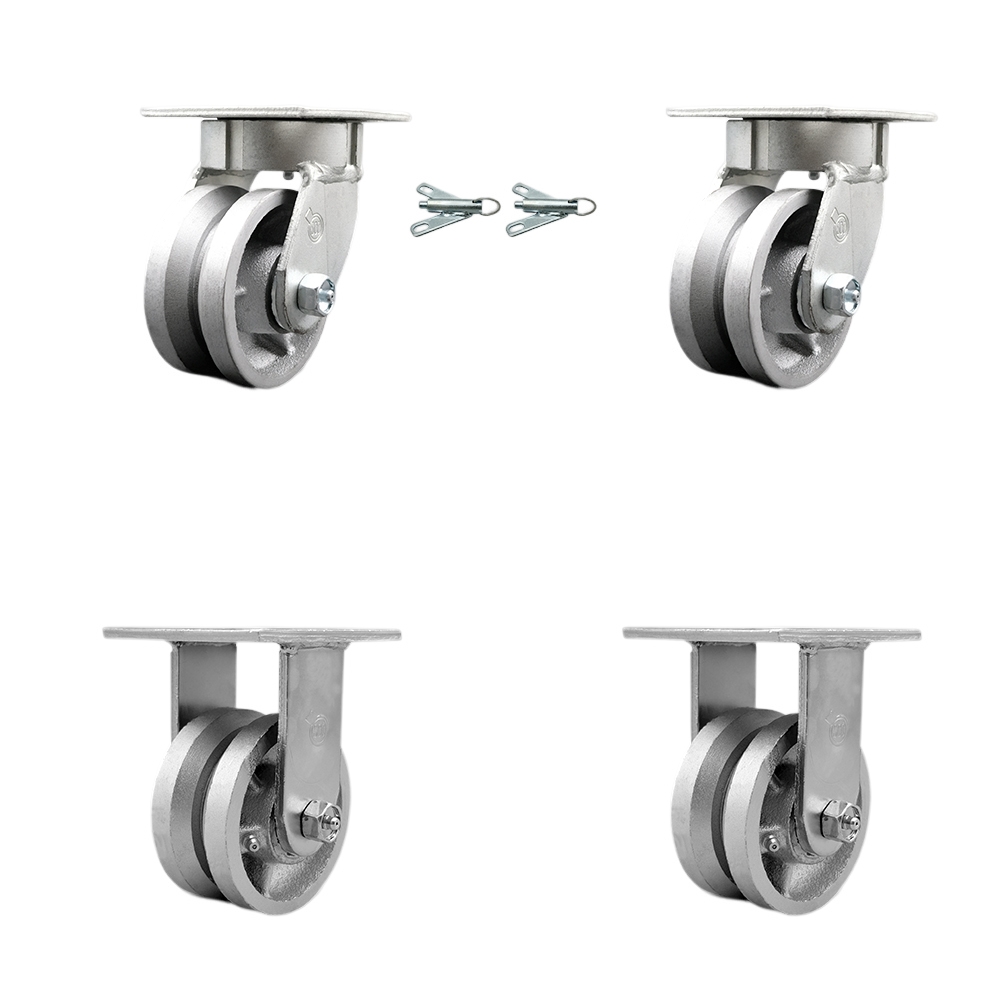 Heavy Duty Kingpinless Swivel Caster Set of 4 with 4 Inch V-Groove Semi Steel Cast Iron Wheels and Ball Bearings - Includes 2 Swivel with Bolt on Swivel Locks and 2 Rigid - Service Caster Brand — photo 1