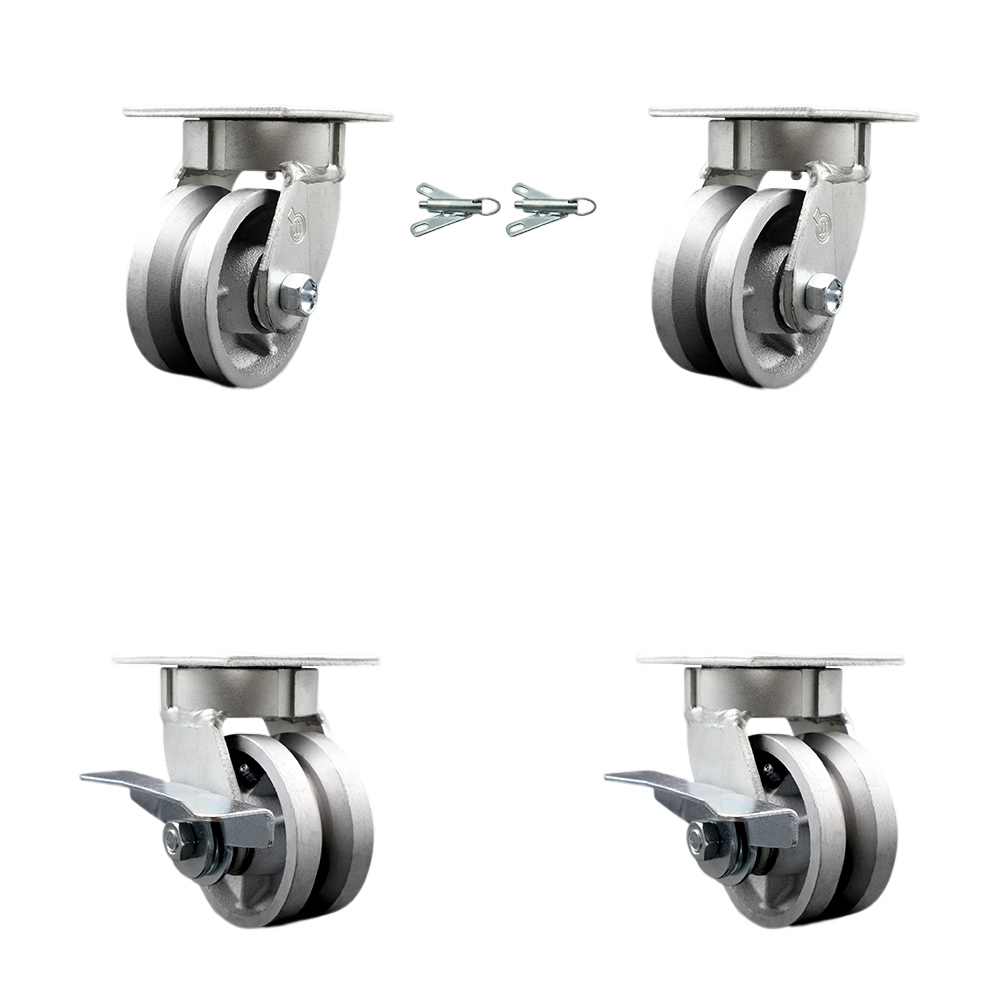 Kingpinless V Groove Semi Steel Swivel Top Plate Caster Set of 4 w/4" x 2" Silver Wheels-Includes 2 Swivel with Bolt on Swivel Locks&2 Swivel with Brakes-3200 lbs Total Capacity - Service Caster Brand — photo 1