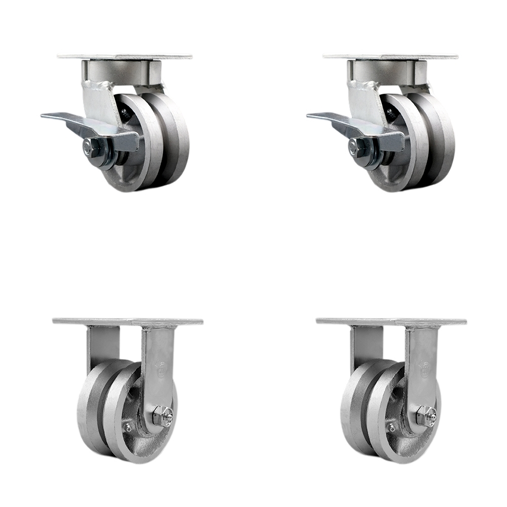 Heavy Duty Kingpinless Swivel Caster Set of 4 with 4 Inch V-Groove Semi Steel Cast Iron Wheels and Ball Bearings-Includes 2 Swivel with Brake and 2 Rigid-3,200 lbs. Total Capacity-Service Caster Brand — photo 1