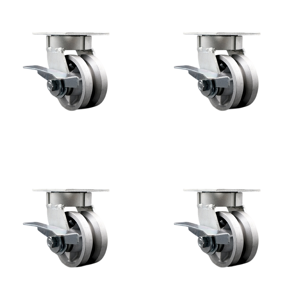 Kingpinless V Groove Semi Steel Swivel Top Plate Caster Set of 4 w/4" x 2" Silver Wheels - Includes 4 Swivel w/Side Lck Brakes - 3200 lbs Total Capacity - Service Caster Brand — photo 1