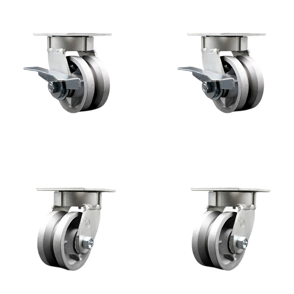 Heavy Duty Kingpinless Swivel Caster Set with 4 Inch V-Groove Semi Steel Wheels and Bronze Bearings-Includes 2 Swivel with Brake&Bolt on Swivel Locks and 2 Swivel with Swivel Lock-Service Caster Brand — photo 1