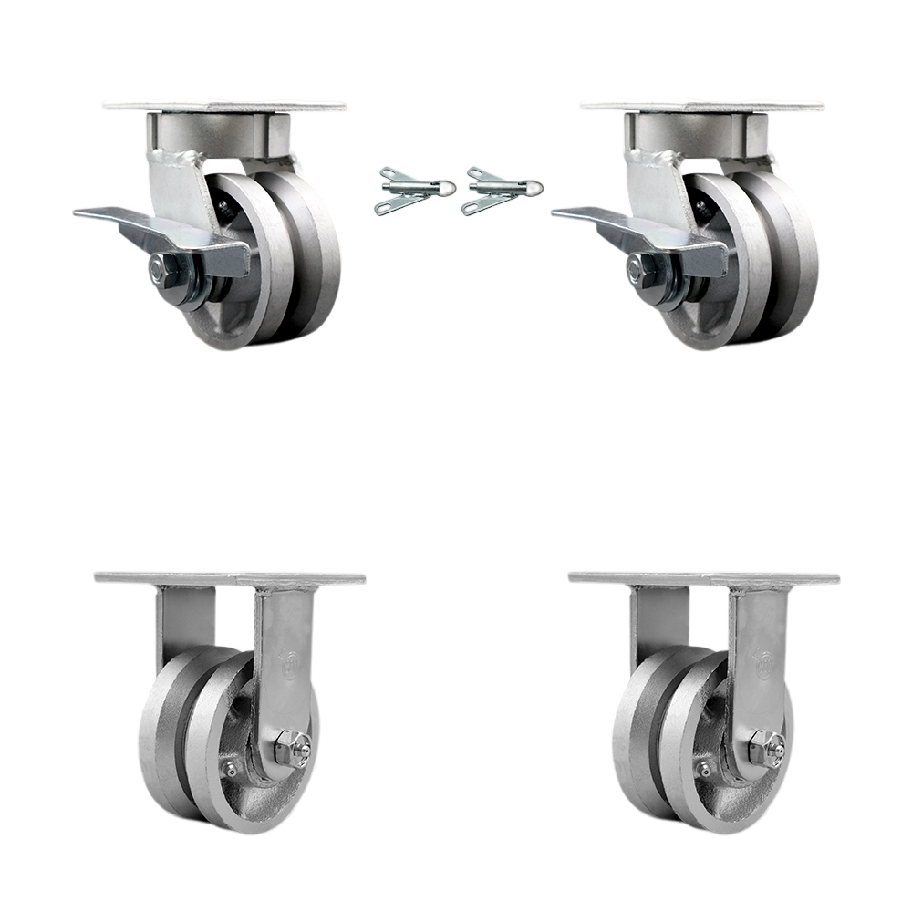 Kingpinless V Groove Semi Steel Swivel Top Plate Caster Set of 4 w/4" x 2" Silver Wheels - Includes 2 Swivel with Brakes and Bolt on Swivel Locks&2 Rigid-3200 lbs Total Capacity - Service Caster Brand — photo 1