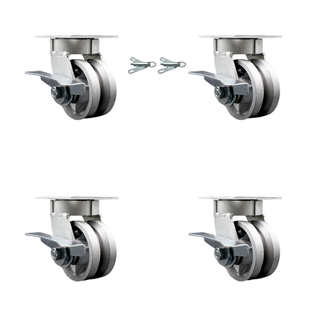 Heavy Duty Kingpinless Swivel Caster Set of 4 with 4 Inch V-Groove Semi Steel Wheels and Bronze Bearings-Include 2 Swivel with Brake & Bolt on Swivel Lock and 2 Swivel with Brake- Service Caster Brand — photo 1