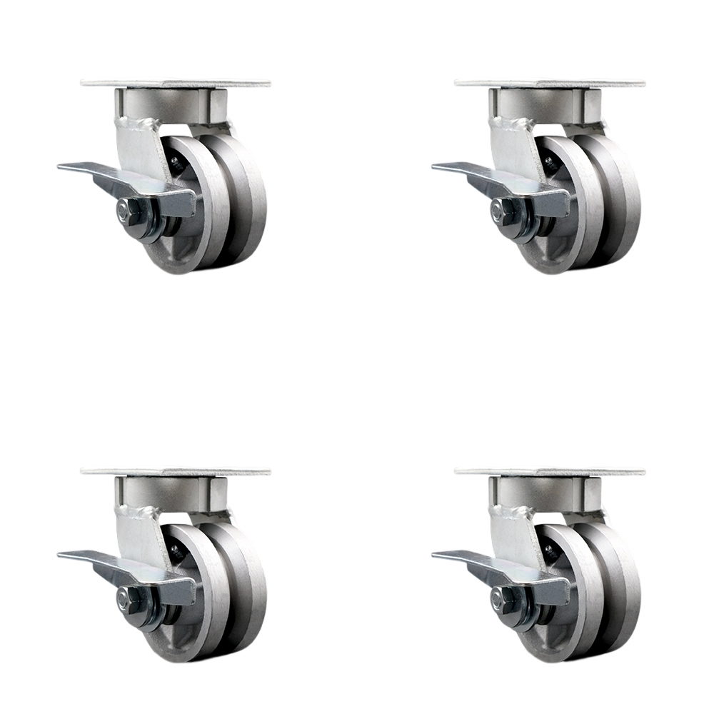 Kingpinless V Groove Semi Steel Swivel Top Plate Caster Set of 4 w/4" x 2" Silver Wheels - Includes 4 Swivel w/Side Lck Brakes & Bolt on Swivel Locks - 3200 lbs Total Capacity - Service Caster Brand — photo 1