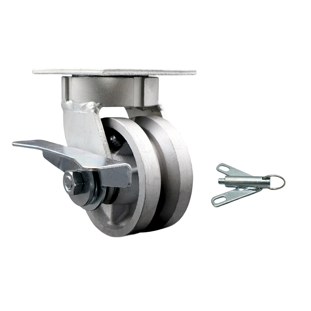 Heavy Duty Kingpinless Swivel Top Plate Caster with Side Lock Brake & Bolt on Swivel Lock and 4 Inch V-Groove Semi Steel Cast Iron Wheel with Ball Bearings-800lbs. Capacity/Caster-Service Caster Brand — photo 1