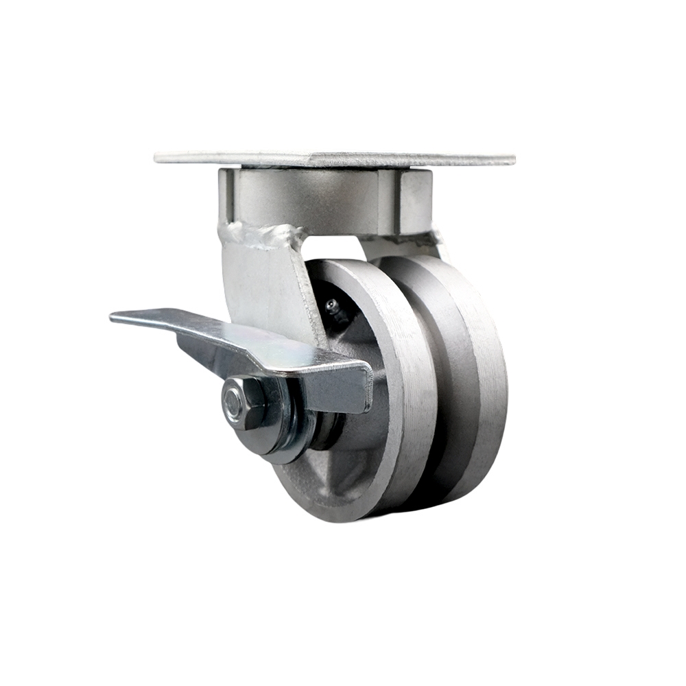Heavy Duty Kingpinless Swivel Top Plate Caster with Side Lock Brake and 4 Inch V-Groove Semi Steel Cast Iron Wheel with Bronze Bearings - 800 lbs. Capacity/Caster - Service Caster Brand — photo 1