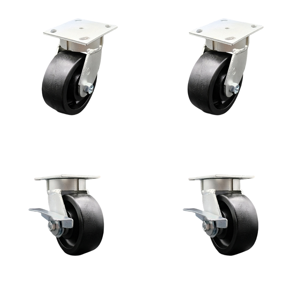 Kingpinless Glass Filled Nylon Swivel Top Plate Caster Set of 4 w/5" x 2" Black Wheels - Includes 2 Swivel with Brakes & 2 Swivel - 5000 lbs Total Capacity - Service Caster Brand — photo 1