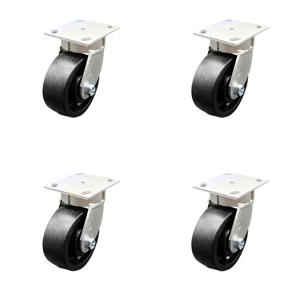 Kingpinless Glass Filled Nylon Swivel Top Plate Caster Set of 4 w/5" x 2" Black Wheels - Includes 4 Swivel - 5000 lbs Total Capacity - Service Caster Brand — photo 1