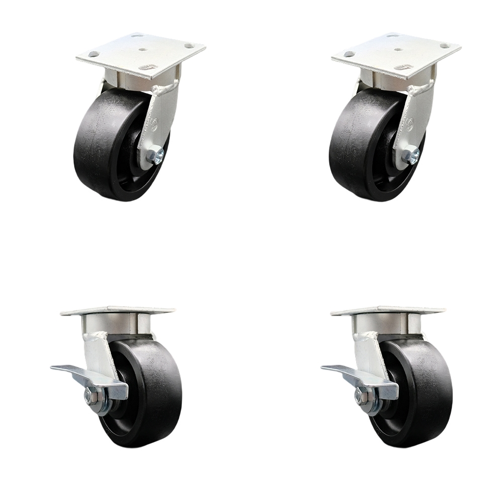 Kingpinless Glass Filled Nylon Swivel Top Plate Caster Set of 4 w/5" x 2" Black Wheels - Includes 2 Swivel with Bolt on Swivel Locks&2 Swivel with Brakes-5000 lbs Total Capacity - Service Caster Brand — photo 1