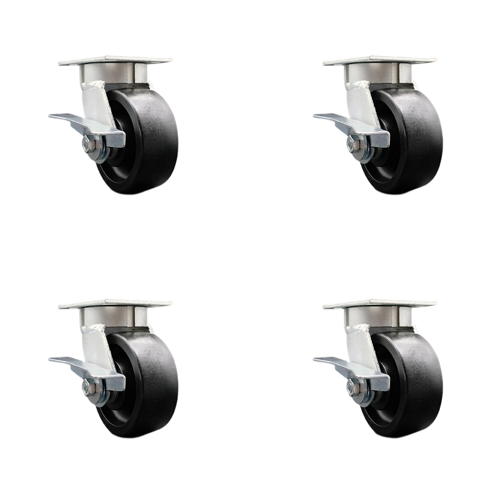 Kingpinless Glass Filled Nylon Swivel Top Plate Caster Set of 4 w/5" x 2" Black Wheels - Includes 4 Swivel w/Bolt on Swivel Locks - 5000 lbs Total Capacity - Service Caster Brand — photo 1