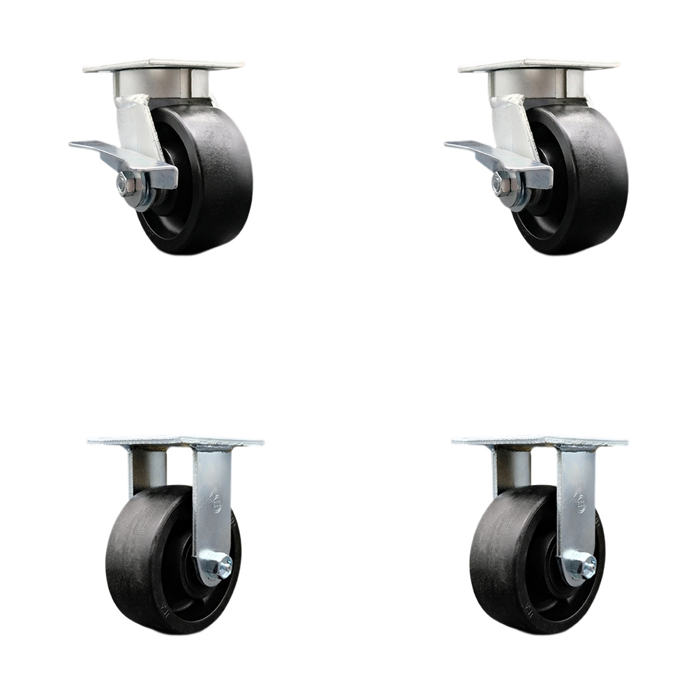 Kingpinless Glass Filled Nylon Swivel Top Plate Caster Set of 4 w/5" x 2" Black Wheels - Includes 2 Swivel with Brakes & 2 Rigid - 5000 lbs Total Capacity - Service Caster Brand — photo 1