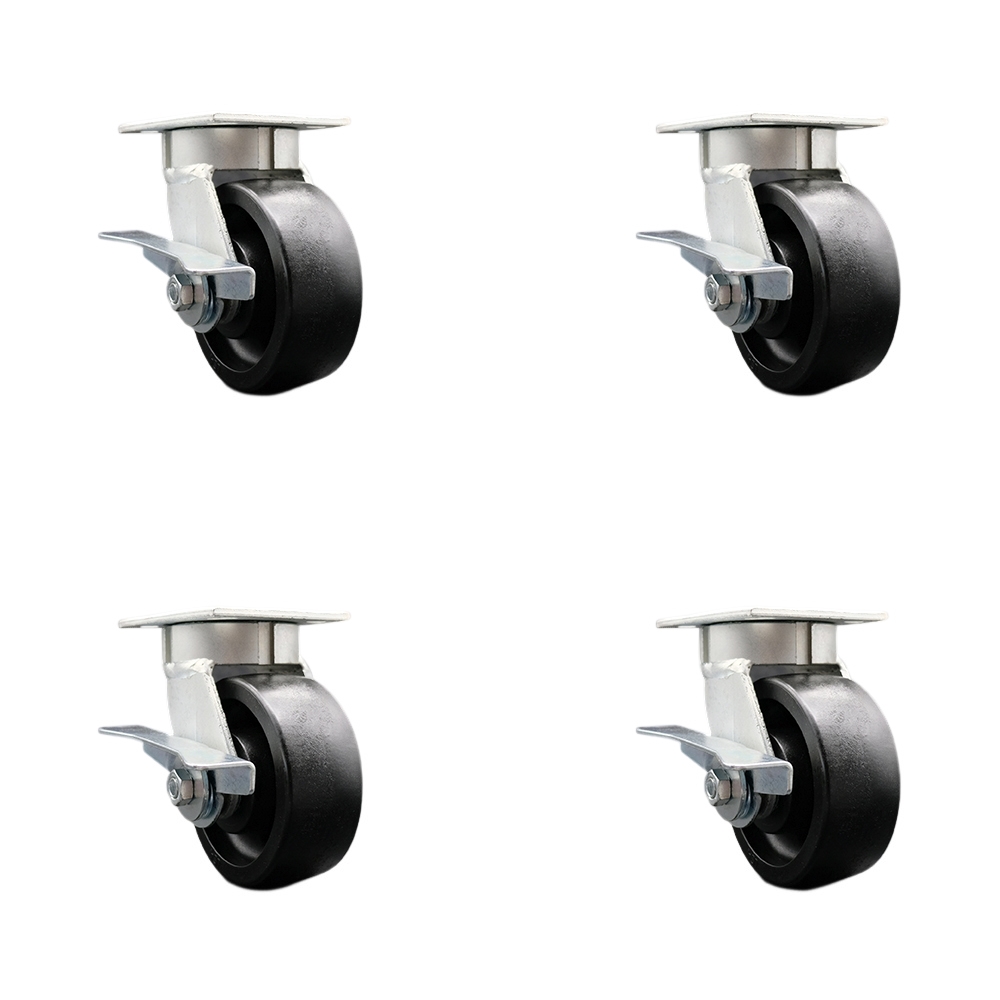 Kingpinless Glass Filled Nylon Swivel Top Plate Caster Set of 4 w/5" x 2" Black Wheels - Includes 4 Swivel w/Side Lck Brakes - 5000 lbs Total Capacity - Service Caster Brand — photo 1