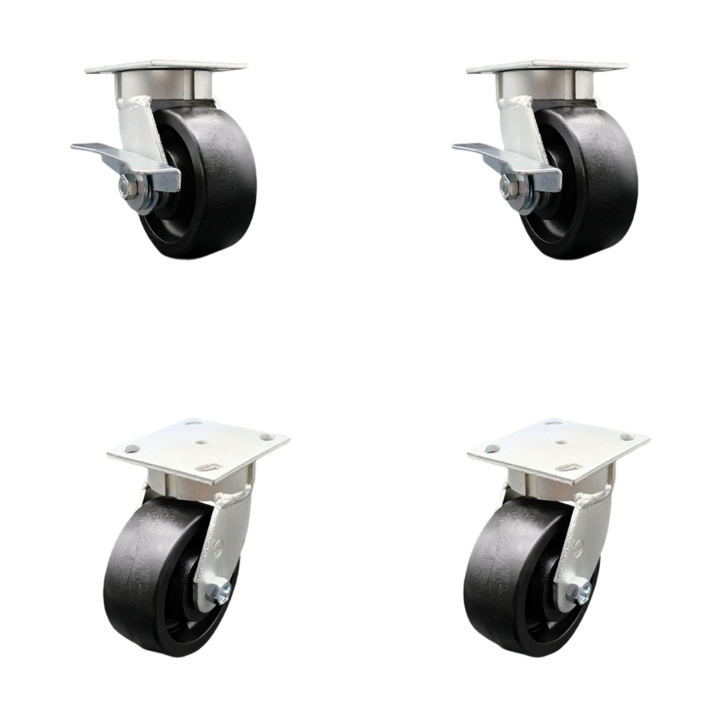 Kingpinless Glass Filled Nylon Swivel Top Plate Caster Set 4 w/5" x 2" Black Wheels-Includes 2 Swvl w/Brakes and Bolt on Swvl Lcks& 2 Swvl w/Bolt on Swvl Lcks-5000 lbs Total Cpty- Service Caster Brand — photo 1