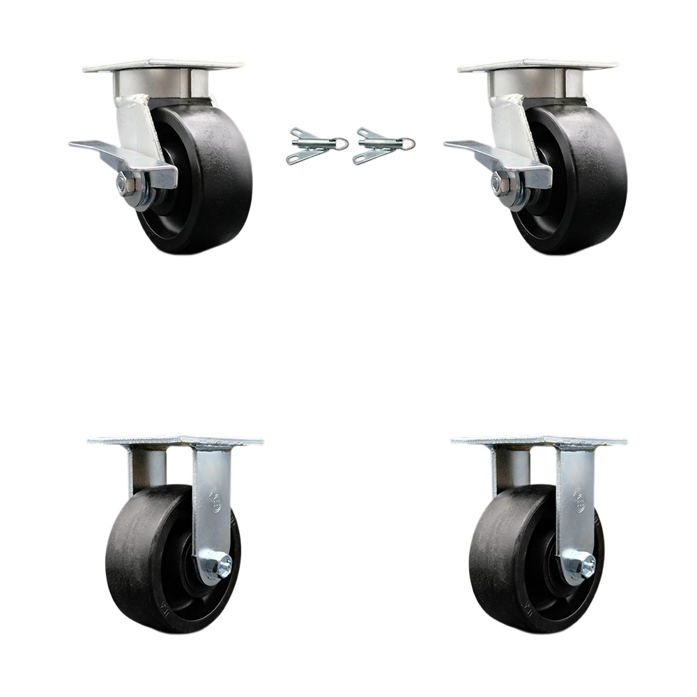 Kingpinless Glass Filled Nylon Swivel Top Plate Caster Set of 4 w/5" x 2" Black Wheels - Includes 2 Swivel with Brakes and Bolt on Swivel Locks & 2 Rigid-5000 lbs Total Capacity - Service Caster Brand — photo 1