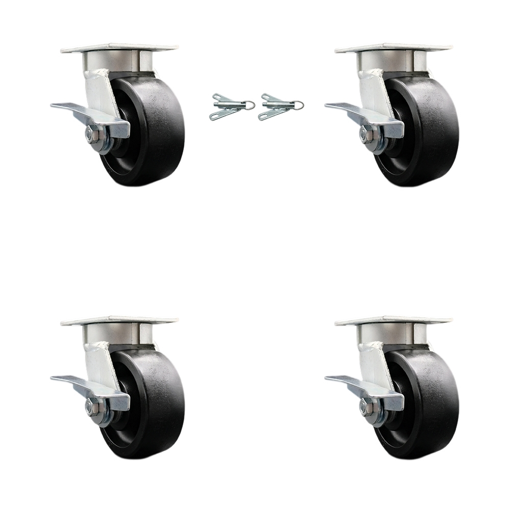 Kingpinless Glass Filled Nylon Swivel Top Plate Caster Set 4 w/5" x 2" Black Wheels-Includes 2 Swivel with Brakes and Bolt on Swivel Locks&2 Swivel with Brakes-5000 lbs Total Cpty-Service Caster Brand — photo 1