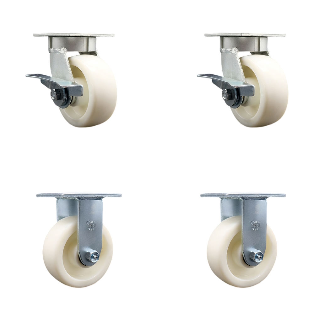 Kingpinless Nylon Swivel Top Plate Caster Set of 4 w/5" x 2" White Wheels - Includes 2 Swivel & 2 Rigid - 3600 lbs Total Capacity - Service Caster Brand — photo 1