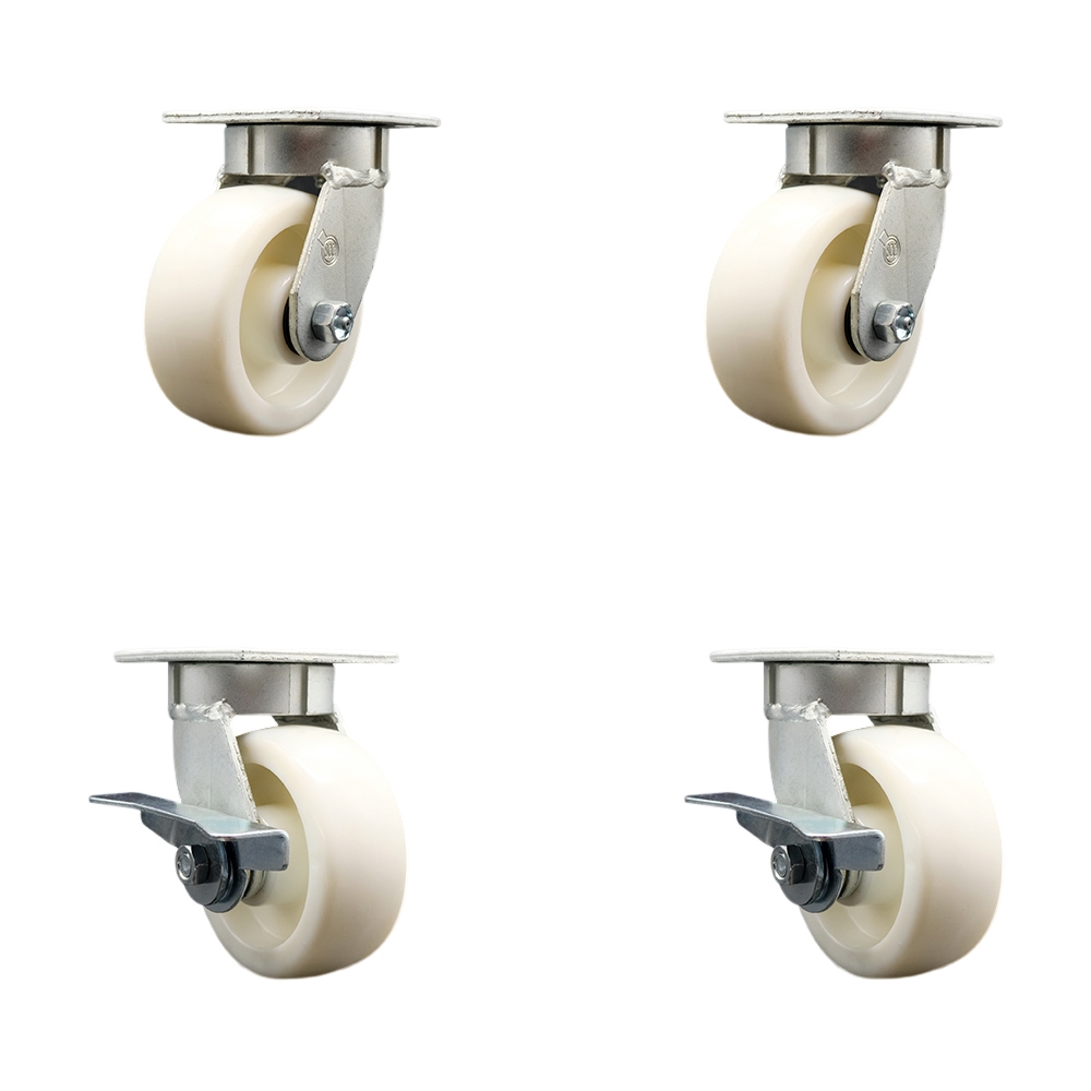 Kingpinless Nylon Swivel Top Plate Caster Set of 4 w/5" x 2" White Wheels - Includes 2 Swivel with Brakes & 2 Swivel - 3600 lbs Total Capacity - Service Caster Brand — photo 1