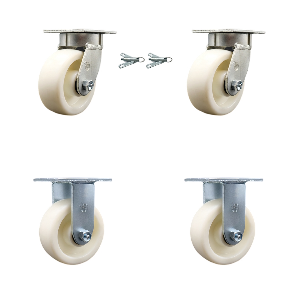 Heavy Duty Kingpinless Swivel Caster Set of 4 with 5 Inch Nylon Wheels and Ball Bearings - Includes 2 Swivel with Bolt on Swivel Locks and 2 Rigid - Service Caster Brand — photo 1