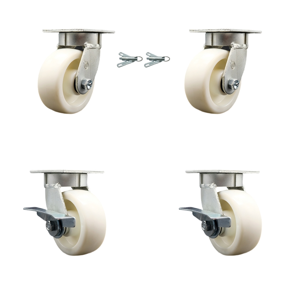 Heavy Duty Kingpinless Swivel Caster Set of 4 with 5 Inch Nylon Wheels and Ball Bearings - Includes 2 Swivel with Bolt on Swivel Locks and 2 Swivel with Brakes - Service Caster Brand — photo 1