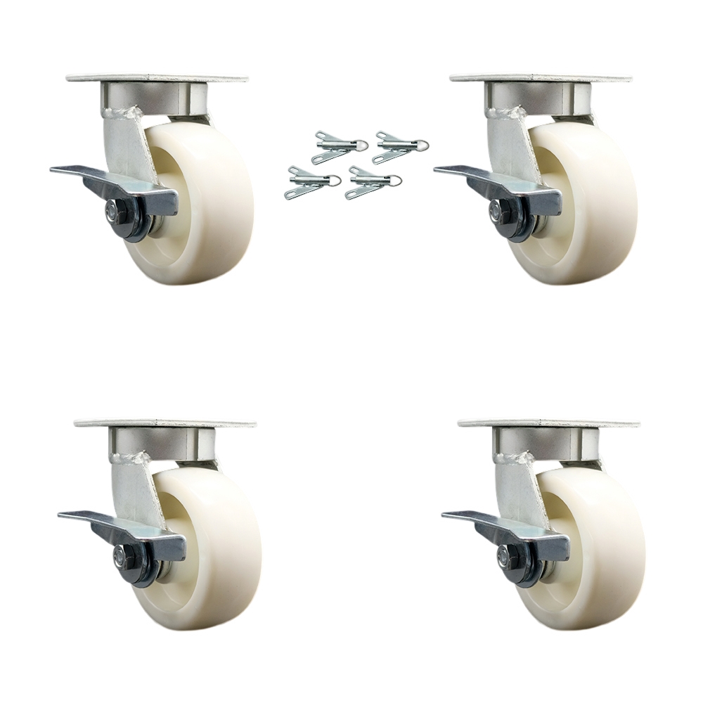 Kingpinless Nylon Swivel Top Plate Caster Set of 4 w/5" x 2" White Wheels - Includes 4 Swivel w/Bolt on Swivel Locks - 3600 lbs Total Capacity - Service Caster Brand — photo 1