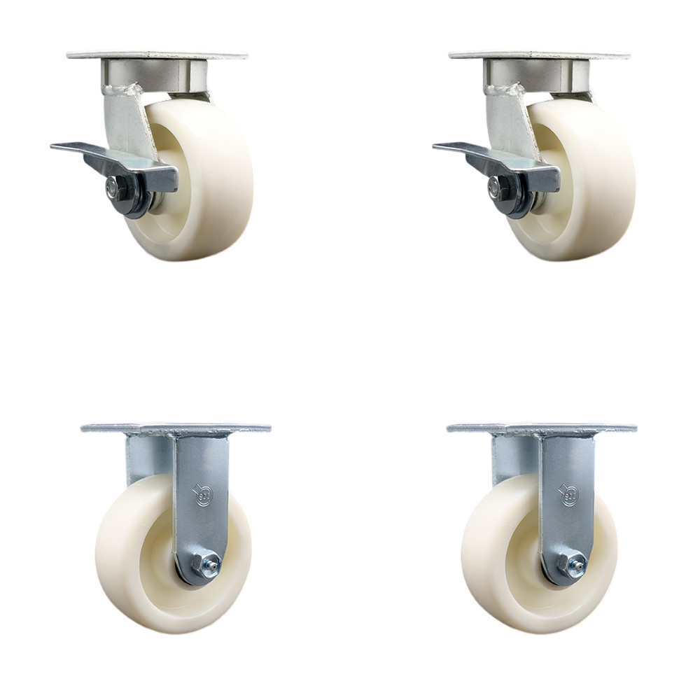 Kingpinless Nylon Swivel Top Plate Caster Set of 4 w/5" x 2" White Wheels - Includes 2 Swivel with Brakes & 2 Rigid - 3600 lbs Total Capacity - Service Caster Brand — photo 1