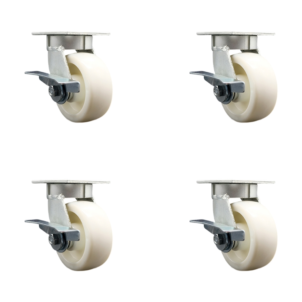 Kingpinless Nylon Swivel Top Plate Caster Set of 4 w/5" x 2" White Wheels - Includes 4 Swivel w/Side Lck Brakes - 3600 lbs Total Capacity - Service Caster Brand — photo 1