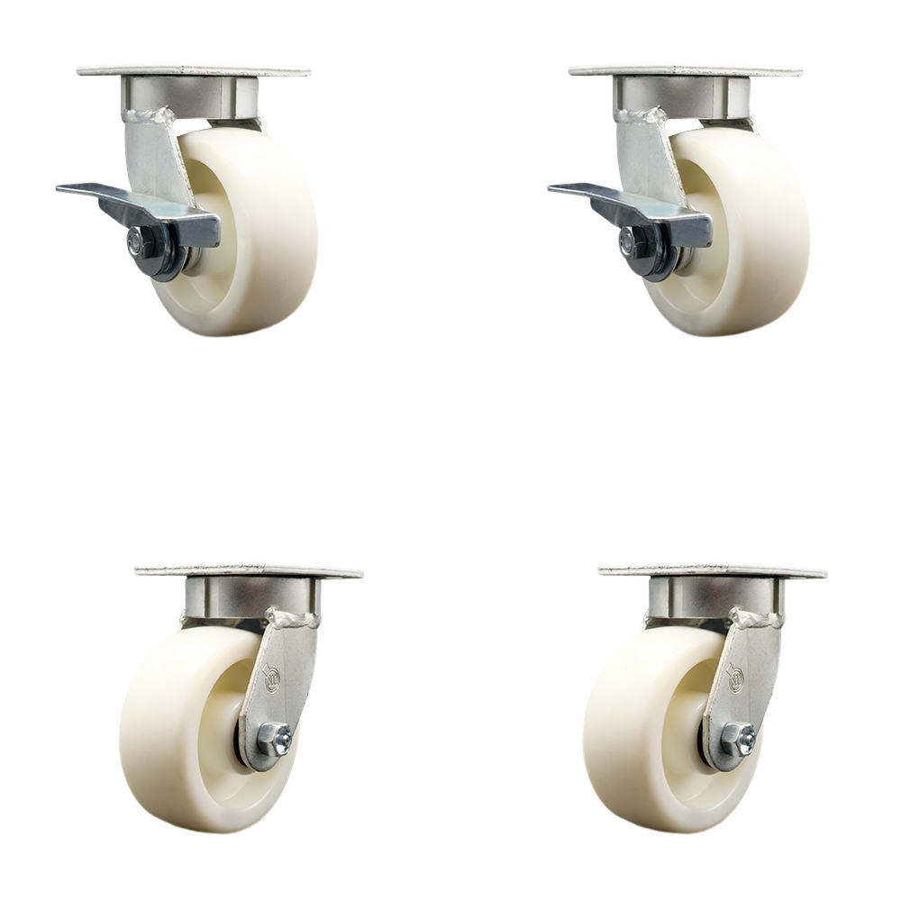 Kingpinless Nylon Swivel Top Plate Caster Set 4 w/5" x 2" White Wheels-Includes 2 Swvl w/Brakes and Bolt on Swvl Lcks& 2 Swvl w/Bolt on Swvl Lcks-3600 lbs Total Cpty- Service Caster Brand — photo 1