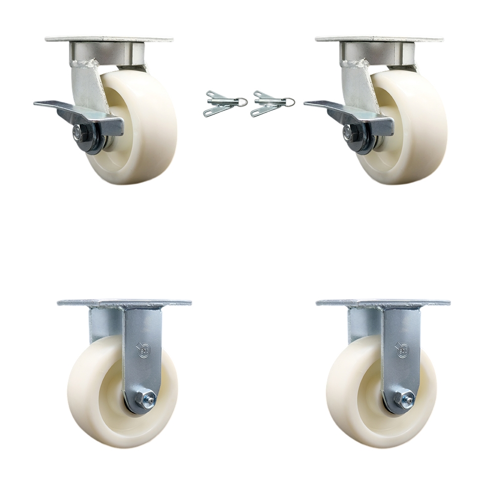 Heavy Duty Kingpinless Swivel Caster Set of 4 with 5 Inch Nylon Wheels and Ball Bearings - Includes 2 Swivel with Brakes and Bolt on Swivel Locks and 2 Rigid - Service Caster Brand — photo 1