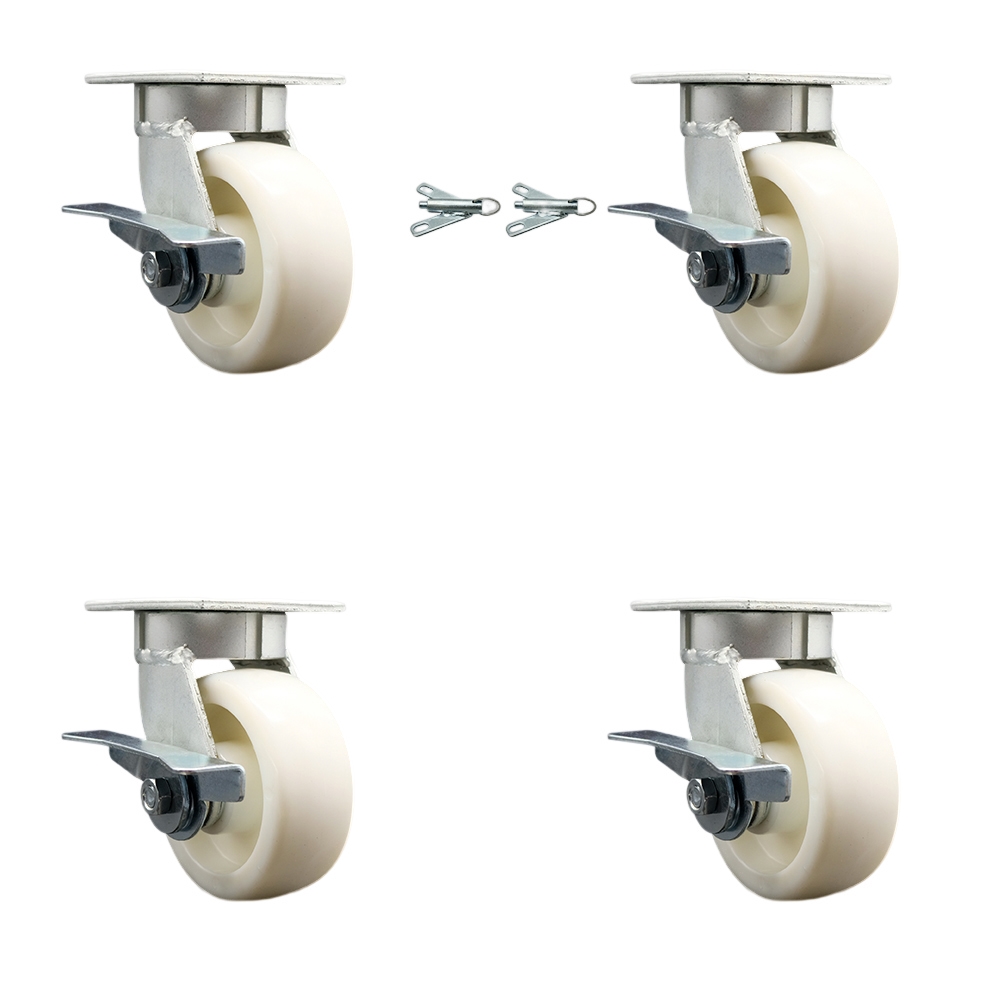 Kingpinless Nylon Swivel Top Plate Caster Set 4 w/5" x 2" White Wheels-Includes 2 Swivel with Brakes and Bolt on Swivel Locks&2 Swivel with Brakes-3600 lbs Total Cpty-Service Caster Brand — photo 1