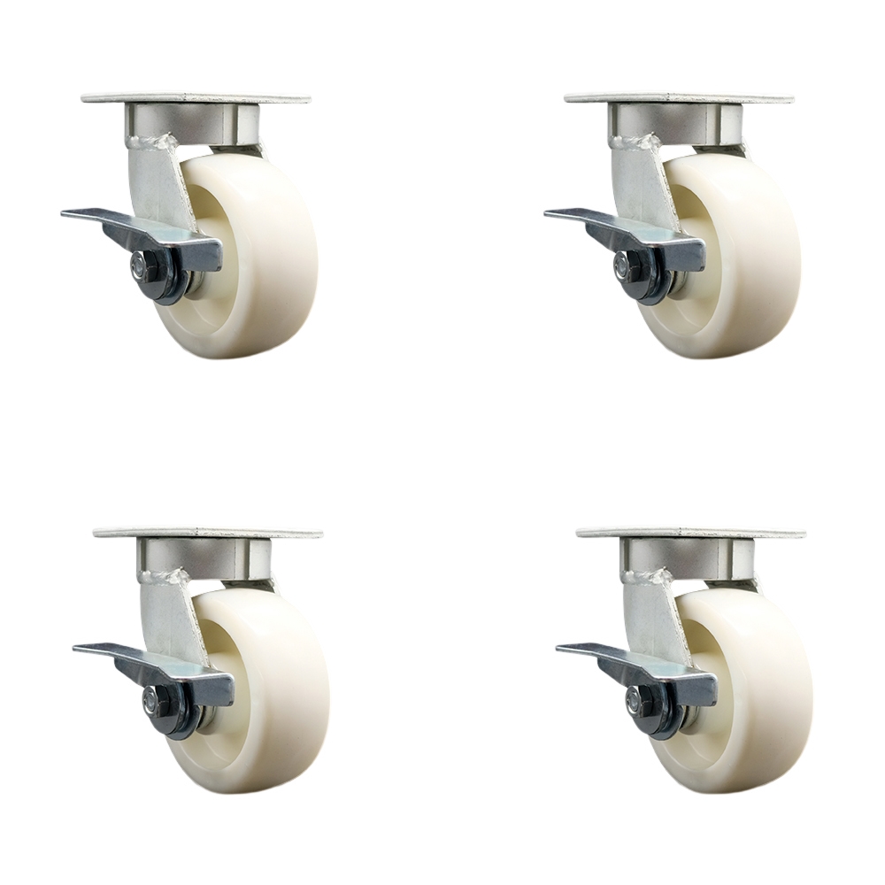 Kingpinless Nylon Swivel Top Plate Caster Set of 4 w/5" x 2" White Wheels - Includes 4 Swivel w/Side Lck Brakes & Bolt on Swivel Locks - 3600 lbs Total Capacity - Service Caster Brand — photo 1