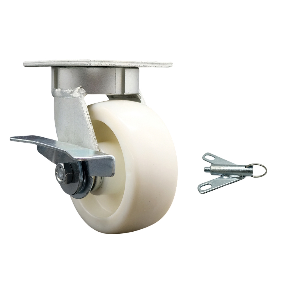 Kingpinless Nylon Swivel Top Plate Caster w/5" x 2" White Wheel & Side Lck Brake and Bolt on Swivel Lock - 900 lbs Capacity/Caster - Service Caster Brand — photo 1