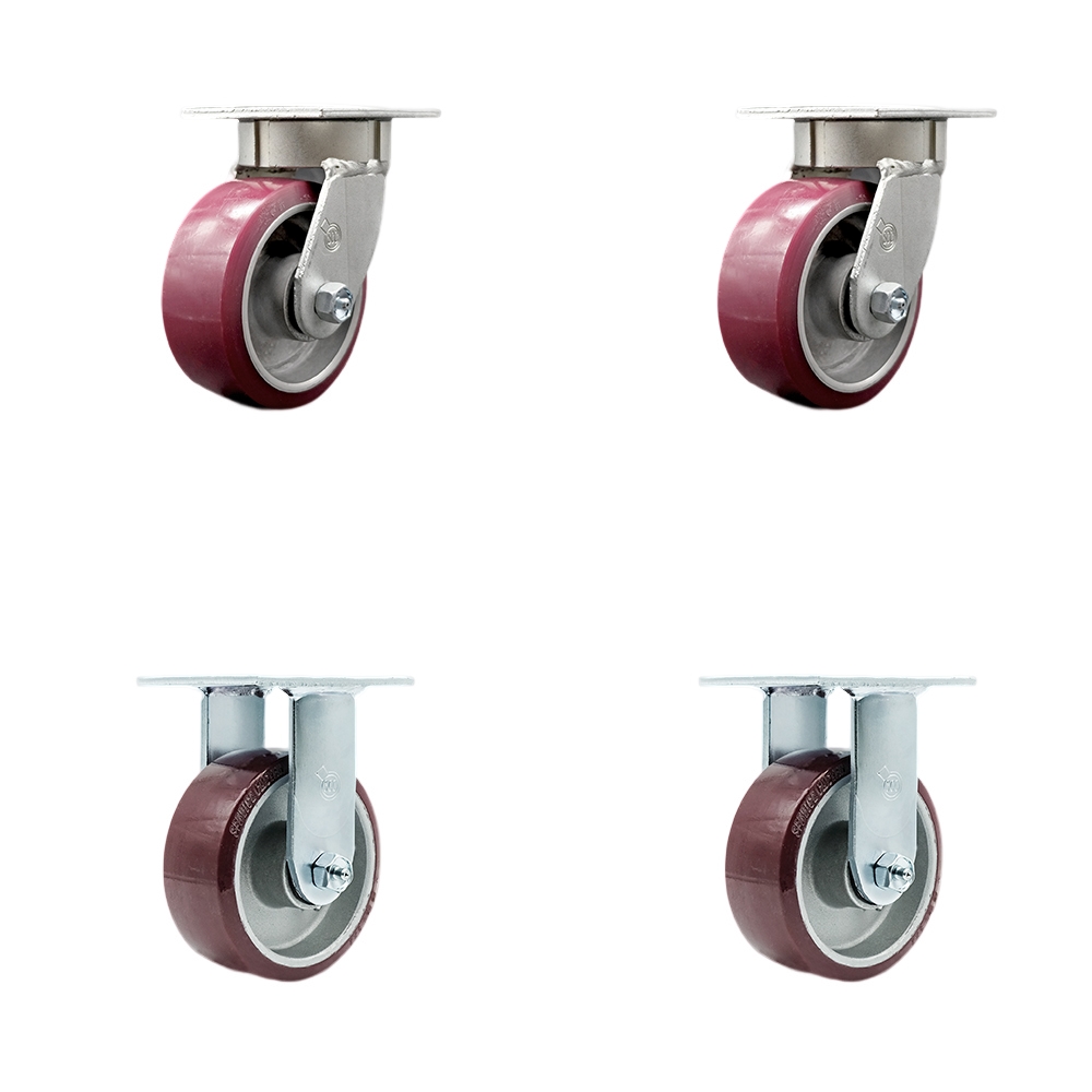 Heavy Duty Kingpinless Swivel Caster Set of 4 with 5 Inch Polyurethane on Aluminum Wheels and Ball Bearings - Includes 2 Swivel and 2 Rigid - 3,600 lbs. Total Capacity - Service Caster Brand — photo 1