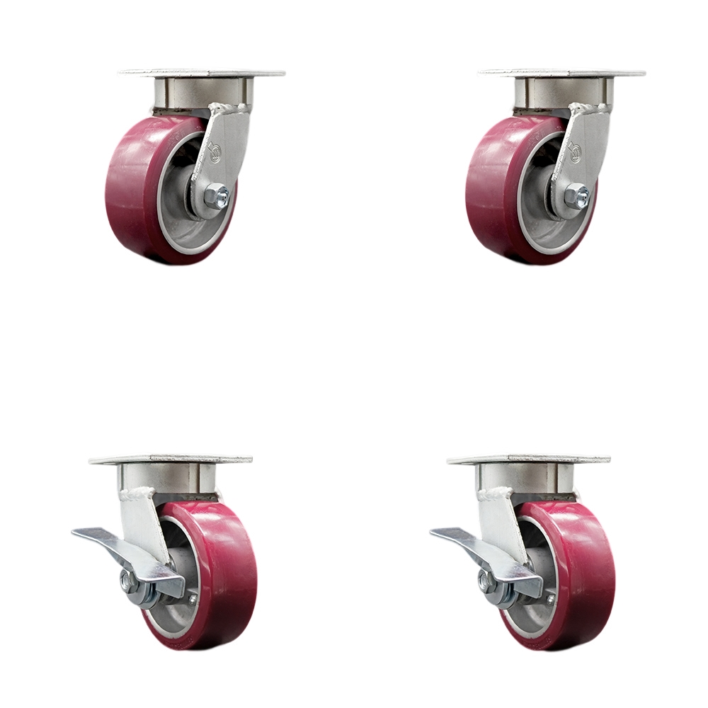 Heavy Duty Kingpinless Swivel Caster Set of 4 with 5 Inch Polyurethane on Aluminum Wheels and Ball Bearings -Includes 2 Swivel with Brakes and 2 Swivel-3,600 lbs. Total Capacity - Service Caster Brand — photo 1