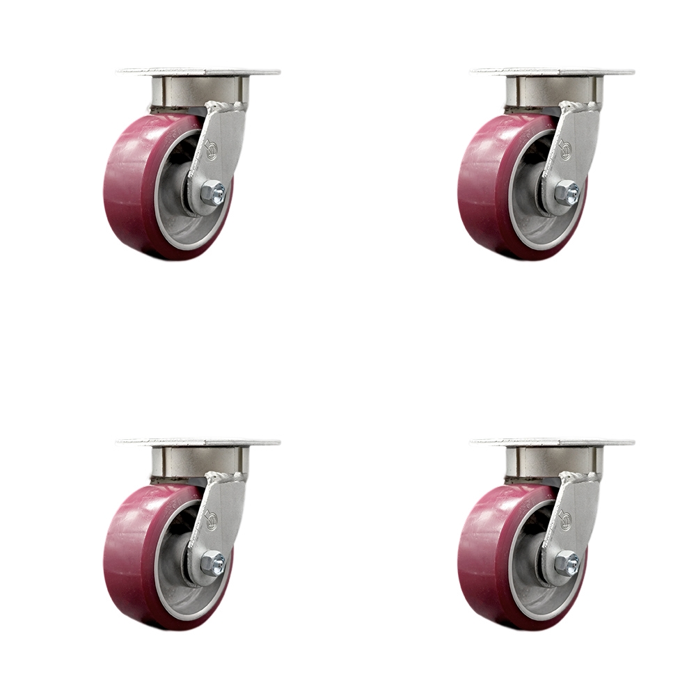 Kingpinless Polyurethane on Aluminum Swivel Top Plate Caster Set of 4 w/5" x 2" Maroon Wheels - Includes 4 Swivel - 3600 lbs Total Capacity - Service Caster Brand — photo 1