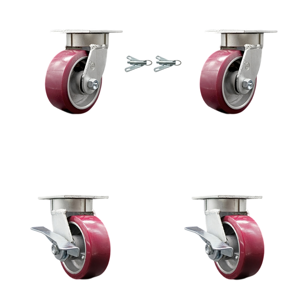 Heavy Duty Kingpinless Swivel Caster Set of 4 with 5 Inch Polyurethane on Aluminum Wheels and Ball Bearings - Includes 2 Swivel with Bolt on Swivel Locks and 2 Swivel with Brakes- Service Caster Brand — photo 1