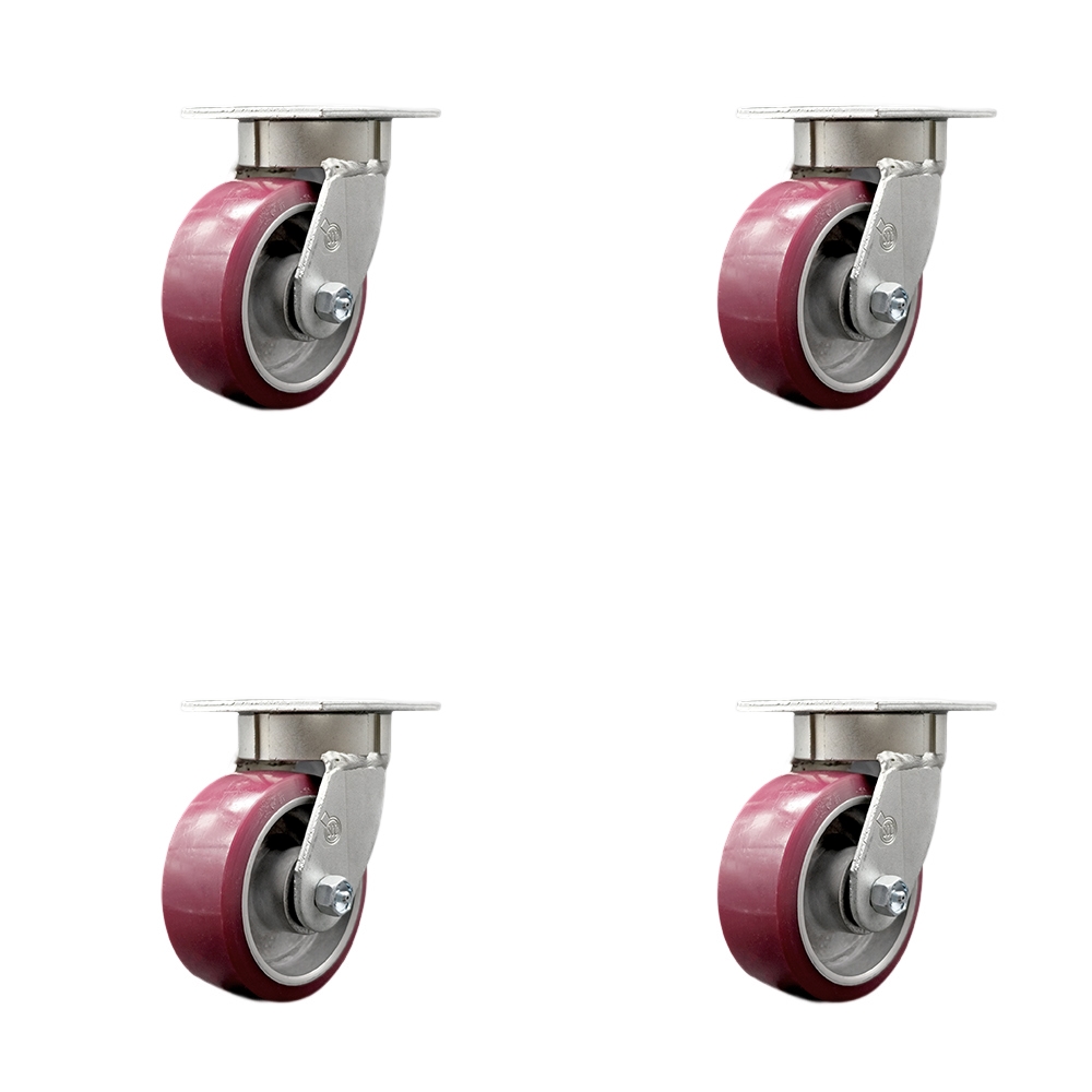 Kingpinless Polyurethane on Aluminum Swivel Top Plate Caster Set of 4 w/5" x 2" Maroon Wheels - Includes 4 Swivel w/Bolt on Swivel Locks - 3600 lbs Total Capacity - Service Caster Brand — photo 1
