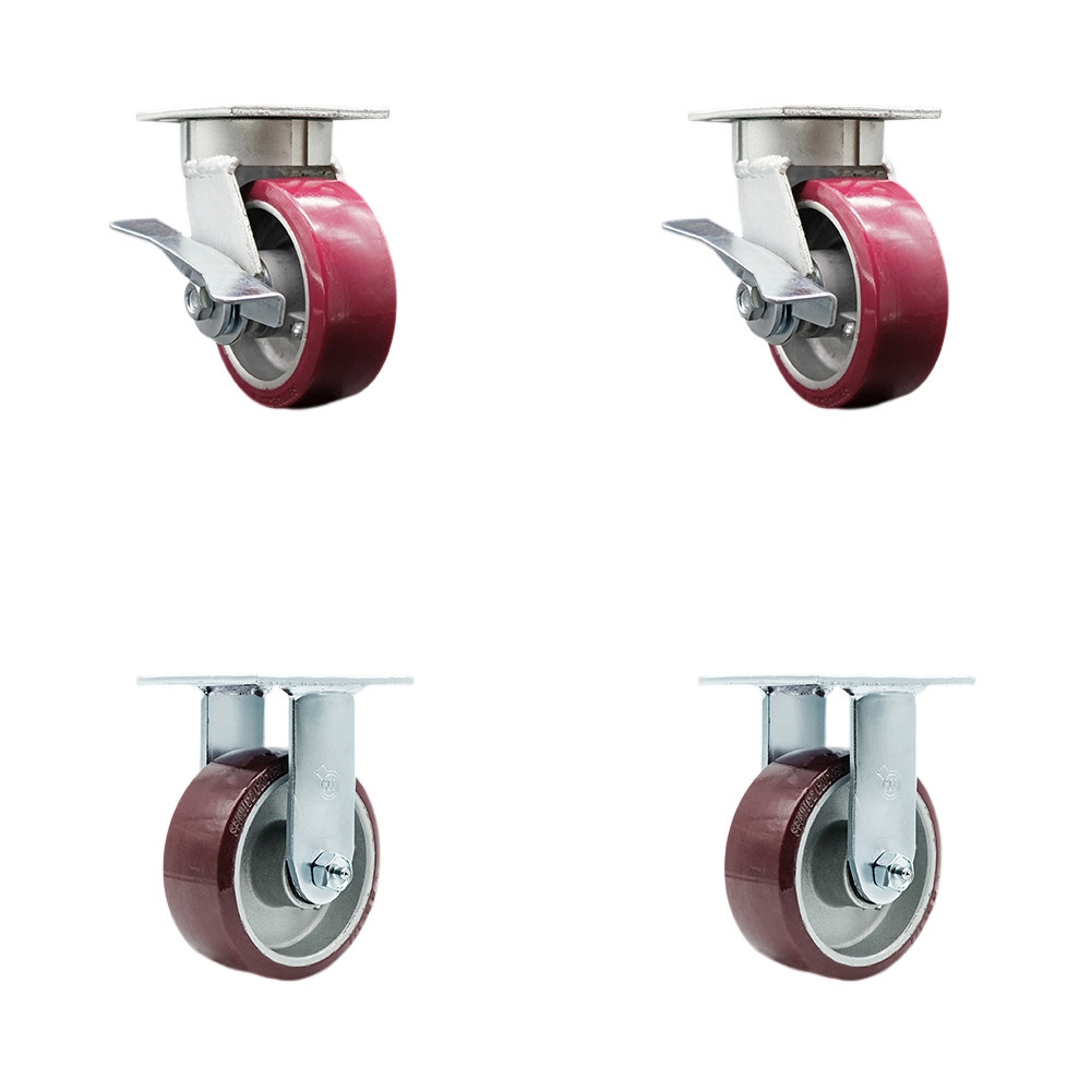 Kingpinless Polyurethane on Aluminum Swivel Top Plate Caster Set of 4 w/5" x 2" Maroon Wheels - Includes 2 Swivel with Brakes & 2 Rigid - 3600 lbs Total Capacity - Service Caster Brand — photo 1