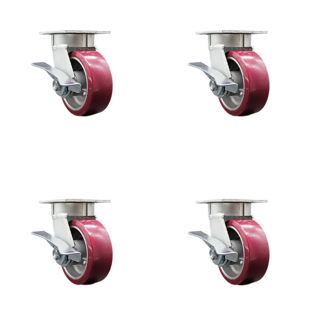 Heavy Duty Kingpinless Swivel Caster Set of 4 with 5 Inch Polyurethane on Aluminum Wheels and Ball Bearings - Includes 4 Swivel with Side Lock Brakes - 3,600 lbs. Total Capacity - Service Caster Brand — photo 1