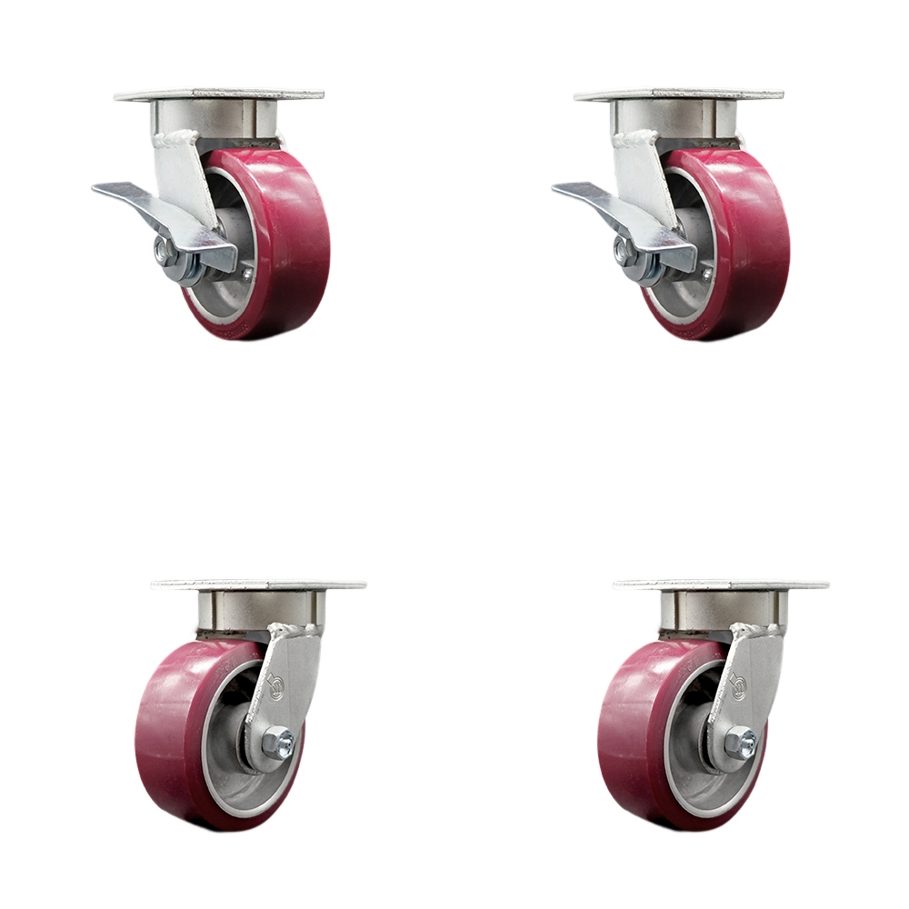 Heavy Duty Kingpinless Swivel Caster Set with 5 Inch Poly on Aluminum Wheels and Ball Bearings-Includes 2 Swivel with Brakes and Bolt on Swivel Locks and 2 Swivel with Swivel Lock-Service Caster Brand — photo 1