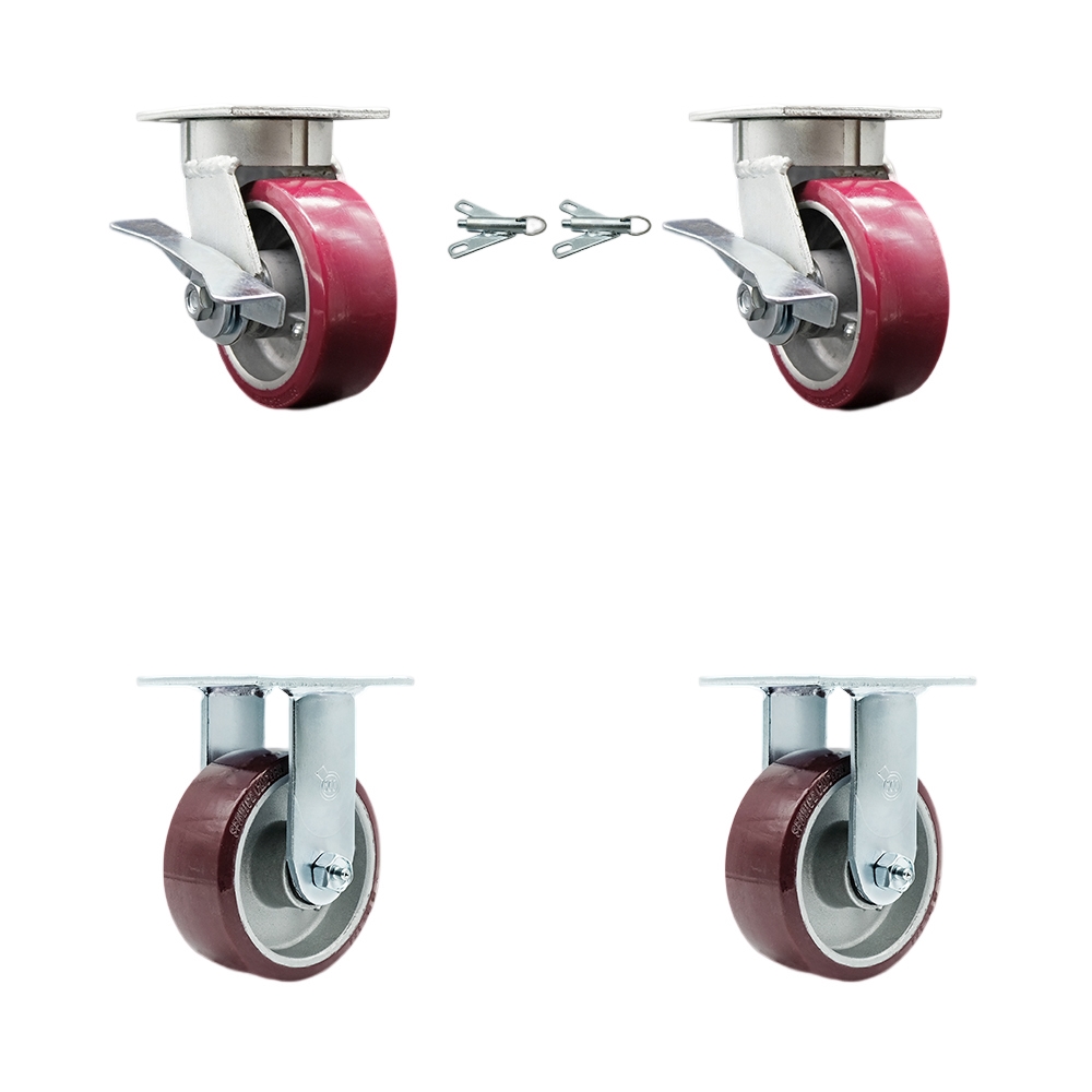 Kingpinless Polyurethane on Aluminum Swivel Top Plate Caster Set of 4 w/5" x 2" Maroon Wheels-Includes 2 Swivel with Brakes and Bolt on Swivel Locks& 2 Rigid-3600 lbs Total Cpty - Service Caster Brand — photo 1