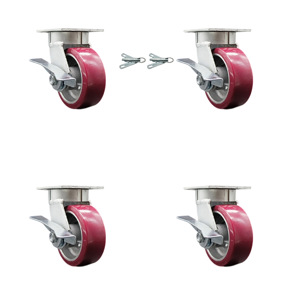 Heavy Duty Kingpinless Swivel Caster Set of 4 with 5 Inch Poly on Aluminum Wheels and Ball Bearings-Includes 2 Swivel with Brakes and Bolt on Swivel Locks and 2 Swivel with Brakes-Service Caster Brand — photo 1