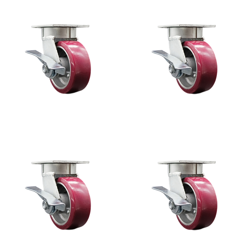 Kingpinless Polyurethane on Aluminum Swivel Top Plate Caster Set of 4 w/5" x 2" Maroon Wheels - Includes 4 Swivel w/Side Lck Brakes & Bolt on Swivel Locks-3600lbs Total Capacity - Service Caster Brand — photo 1