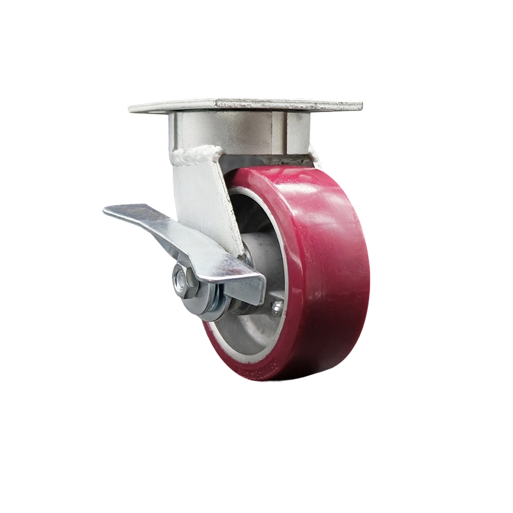 Heavy Duty Kingpinless Swivel Top Plate Caster with Side Lock Brake and 5 Inch Polyurethane on Aluminum Wheel with Ball Bearings - 900 lbs. Capacity/Caster - Service Caster Brand — photo 1