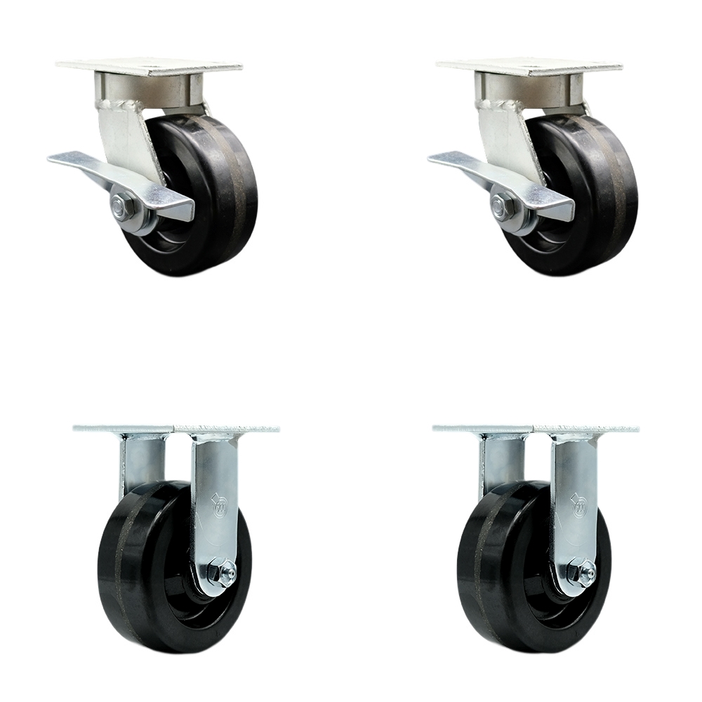 Kingpinless Phenolic Swivel Top Plate Caster Set of 4 w/5" x 2" Black Wheels - Includes 2 Swivel with Brakes & 2 Rigid - 4000 lbs Total Capacity - Service Caster Brand — photo 1