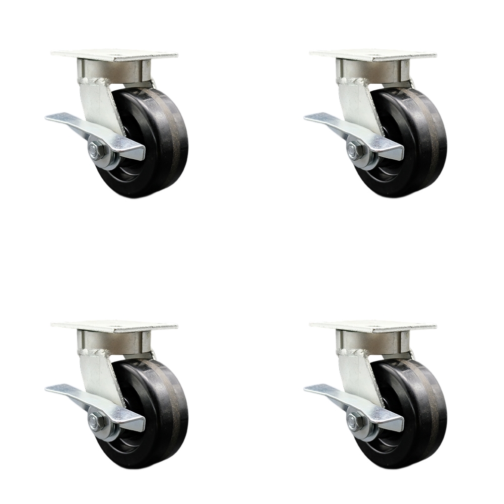 Kingpinless Phenolic Swivel Top Plate Caster Set of 4 w/5" x 2" Black Wheels - Includes 4 Swivel w/Side Lck Brakes - 4000 lbs Total Capacity - Service Caster Brand — photo 1