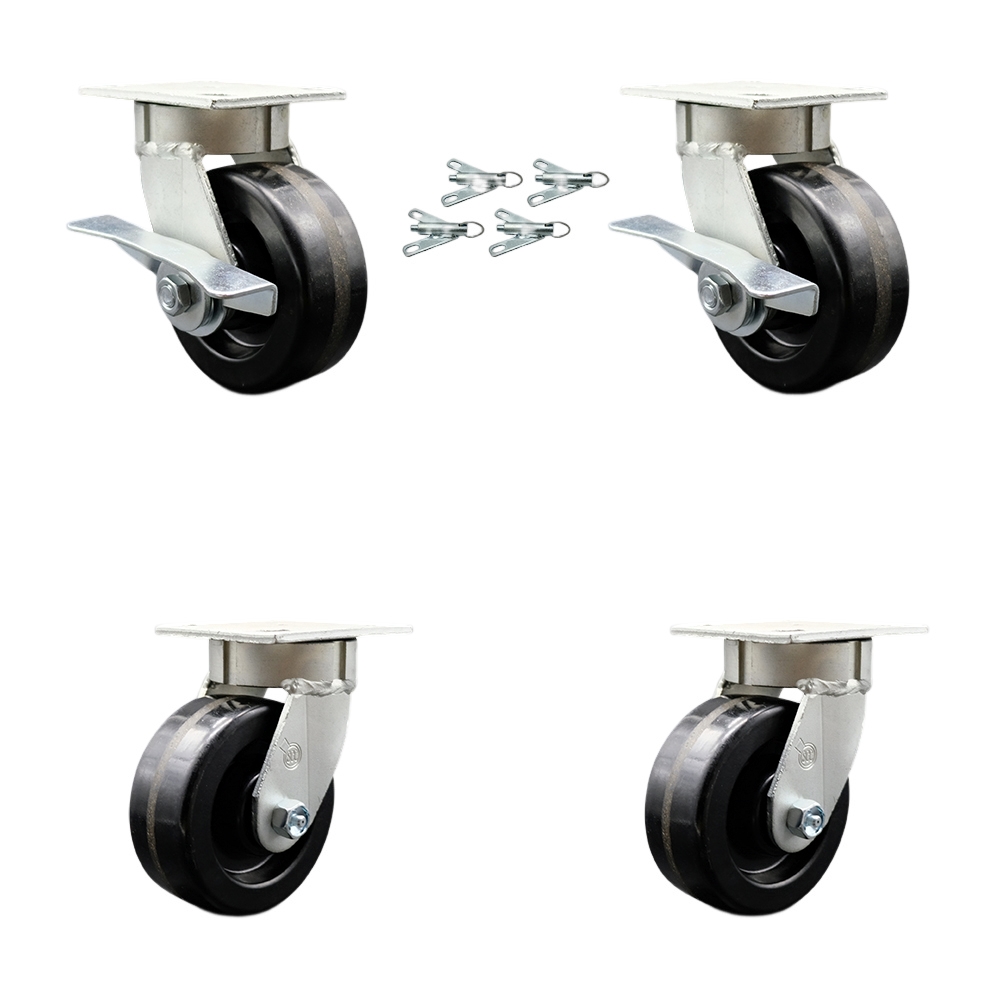 Kingpinless Phenolic Swivel Top Plate Caster Set 4 w/5" x 2" Black Wheels-Includes 2 Swvl w/Brakes and Bolt on Swvl Lcks& 2 Swvl w/Bolt on Swvl Lcks-4000 lbs Total Cpty- Service Caster Brand — photo 1