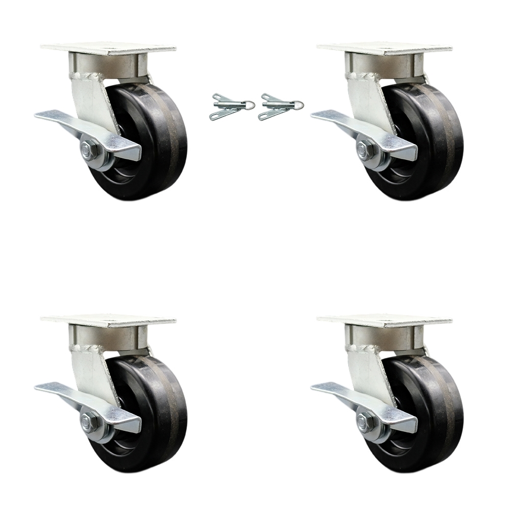 Kingpinless Phenolic Swivel Top Plate Caster Set 4 w/5" x 2" Black Wheels-Includes 2 Swivel with Brakes and Bolt on Swivel Locks&2 Swivel with Brakes-4000 lbs Total Cpty-Service Caster Brand — photo 1