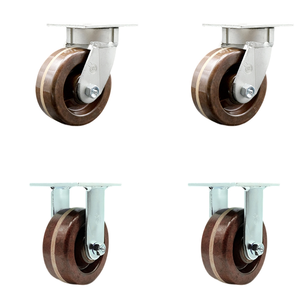 Kingpinless High Temperature Phenolic Swivel Top Plate Caster Set of 4 w/5" x 2" Brown Wheels - Includes 2 Swivel & 2 Rigid - 4000 lbs Total Capacity - Service Caster Brand — photo 1