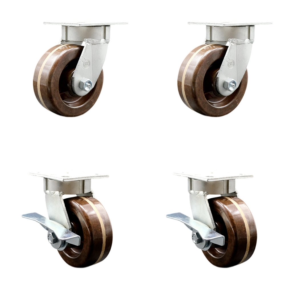 Kingpinless High Temperature Phenolic Swivel Top Plate Caster Set of 4 w/5" x 2" Brown Wheels - Includes 2 Swivel with Brakes & 2 Swivel - 4000 lbs Total Capacity - Service Caster Brand — photo 1